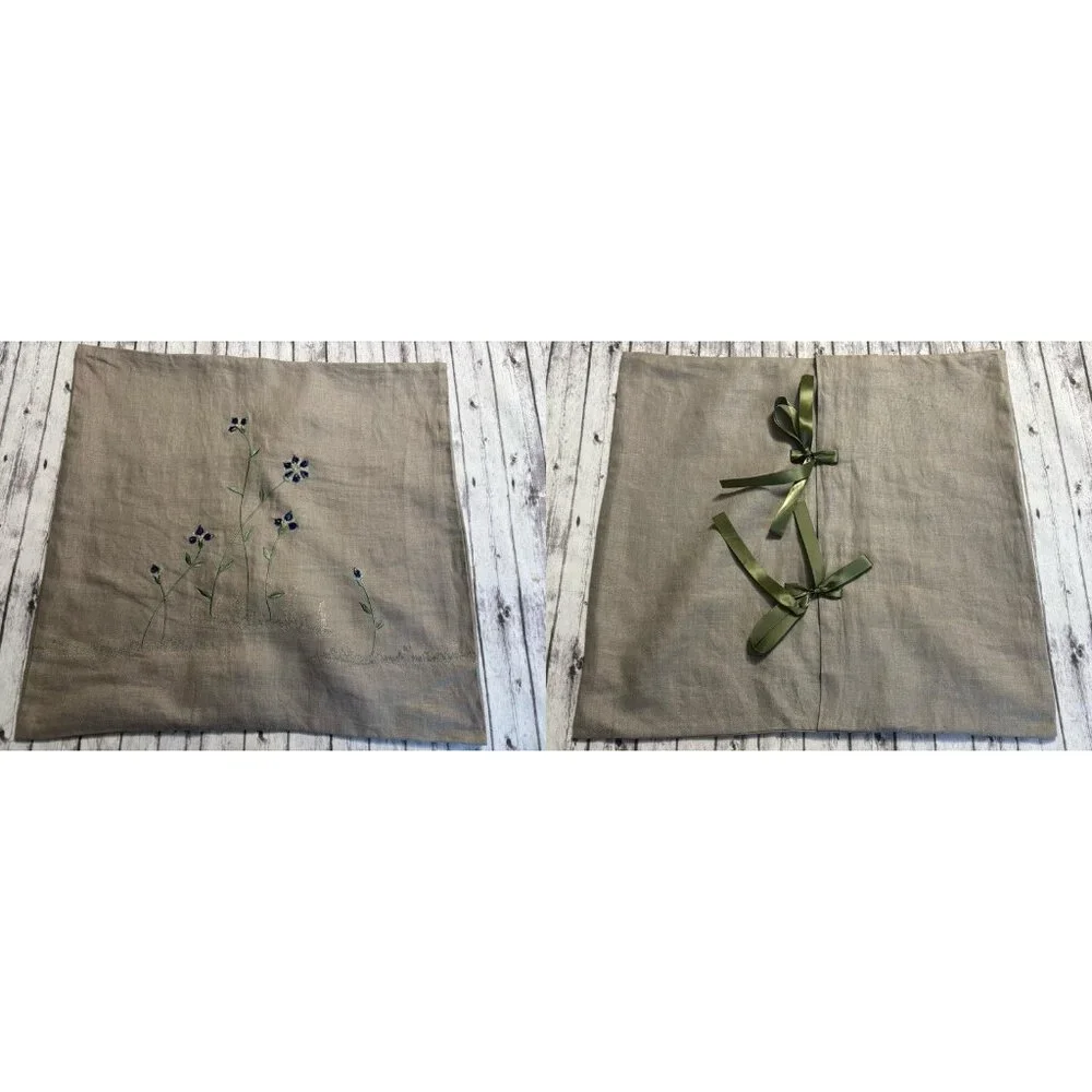 Pottery Barn Beige Embroidered Floral Linen Ribbon Decorative 18x18